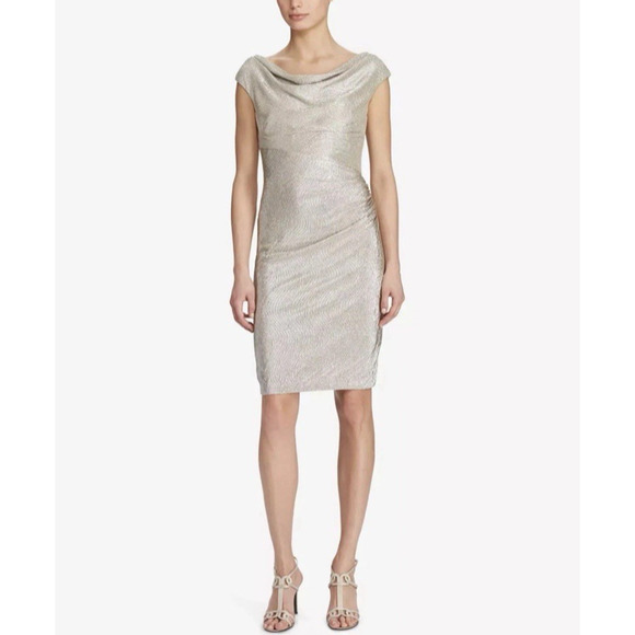Lauren Ralph Lauren Dresses & Skirts - LAUREN RALPH LAUREN Plus Metallic Champagne Faux Wrap Cowl Neck Sheath Dress 16